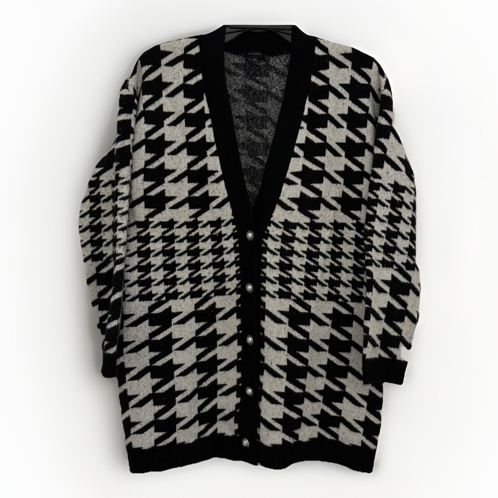 TALBOTS Cardigan Womens M Black and White Houndstooth Preppy Office Academia